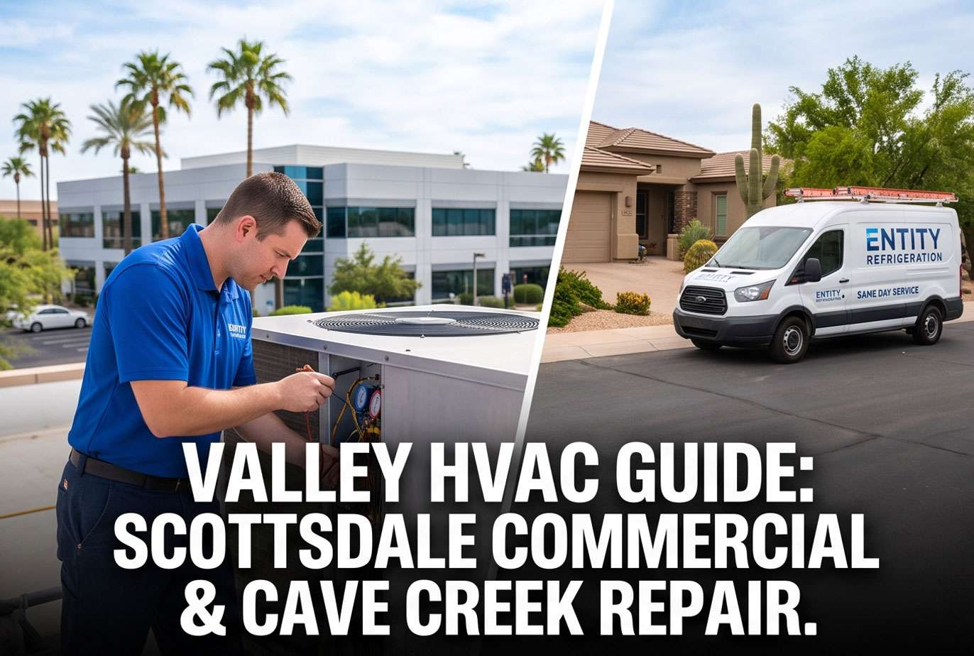 Entity Refrigeration technician providing commercial HVAC maintenance in Scottsdale AZ and a service van arriving for same day HVAC repair in Cave Creek AZ.